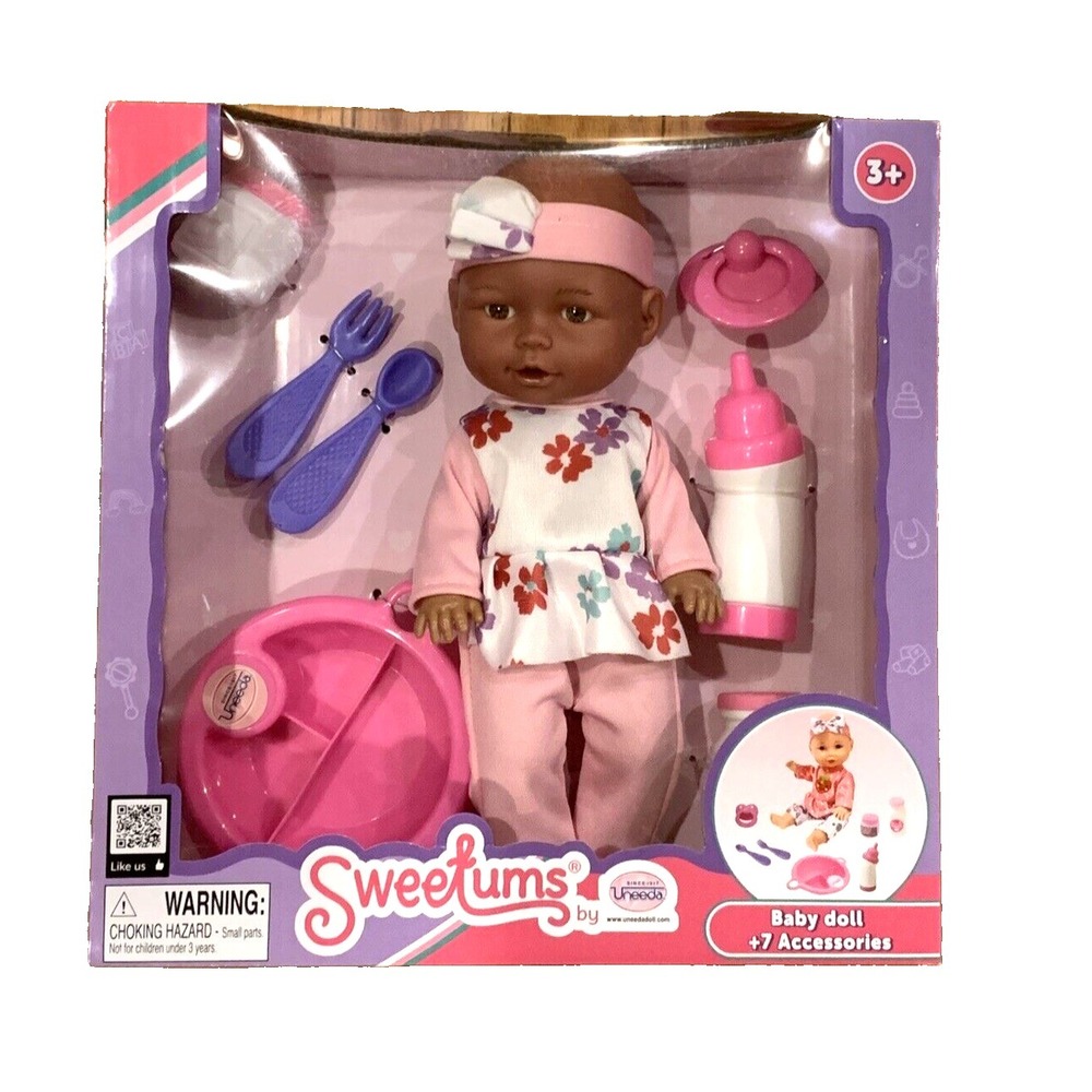 NEW Sweetums Uneeda Baby Doll & 7 Accessories Bottle Feeding African American